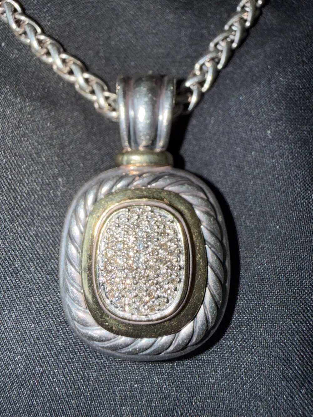 David Yurman Pave Diamond Gold/Silver Pendant double-stranded silver necklace